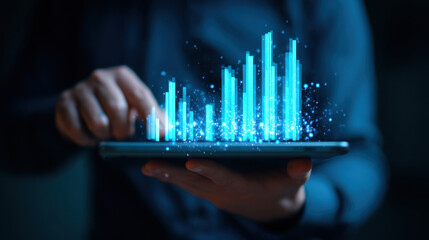 Digital data visualization on tablet, showcasing vibrant blue bars representing analytics and statistics, creating futuristic and engaging atmosphere