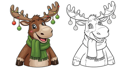 Holiday Moose Character Coloring Page with Color and Outline Versions Festive Fun