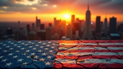 Fototapeta premium American Flag Draped Before City Skyline at Glowing Sunset Moment