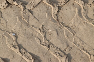 Tire tracks creating a pattern on the sandy surface