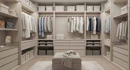 Meticulously organized, elegant walk-in closet with modern custom wardrobes, ample shelving, and drawers. Luxurious, functional dressing room