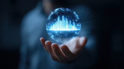 Digital globe with data visualization in hand, representing technology and innovation. glowing sphere showcases futuristic design, symbolizing global connectivity and analytics