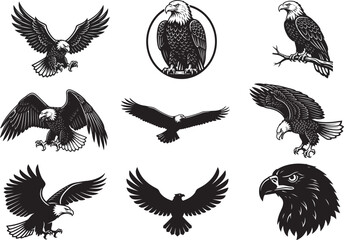 Bald Eagle Silhouette Vector Bundle &ndash; 9 Patriotic USA Bird Clipart Pack | Flying, Perched, Head Icon