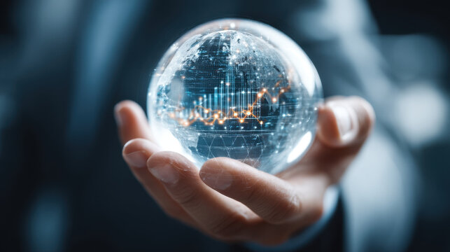 Person holds crystal globe displaying digital world map with financial graphs and data visualizations, symbolizing global finance and technology. image conveys sense of innovation and insight
