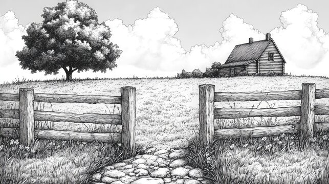 A grayscale illustration of a rural landscape with a small farmhouse, a large tree, a wooden fence and a stone pathway leading to a rural home. - Powered by Adobe