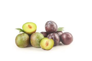 Fresh Green and Red Plums with Cross-Sections on White Background