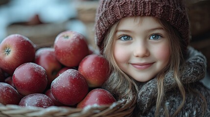 Winter child with apples in a market