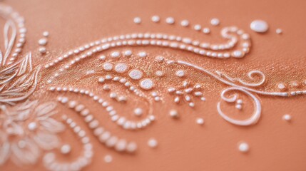 Macro close-up of a decorative white pearlescent pattern with raised dots and swirls on a textured orange fabric background