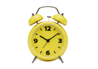 Bright yellow vintage style alarm clock isolated on transparent background
