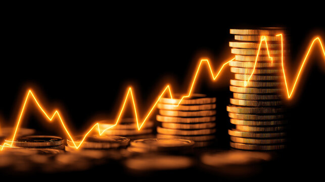 Image features stack of coins with glowing line graph overlay, symbolizing financial growth and investment trends. visual representation evokes sense of prosperity and upward movement financial