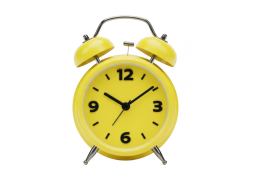 Bright yellow vintage style alarm clock isolated on transparent background - Powered by Adobe