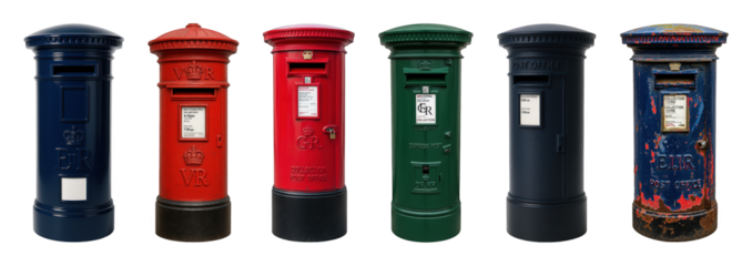 British post box set including red, blue, green, and weathered variations isolated. UK mail and communication symbols.
