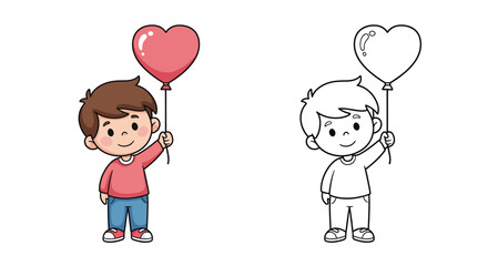 Sweet Romantic Boy Holding Heart Balloon Coloring Page Valentine's Day Fun