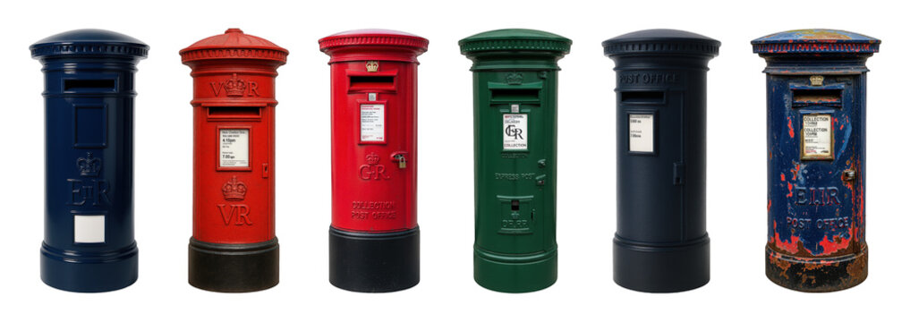 British post box set including red, blue, green, and weathered variations isolated. UK mail and communication symbols.