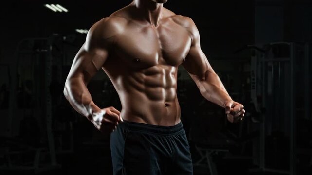 Strong muscular man with defined six-pack abs posing in gym, bodybuilding fitness concept