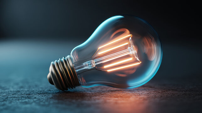 Glowing vintage light bulb rests on textured surface, casting warm glow in dimly lit environment, evoking sense of nostalgia and creativity