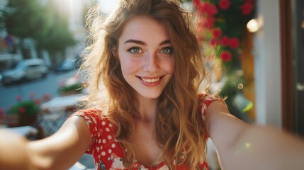Happy young woman with freckles and green eyes taking a selfie outdoors on a sunny summer day in the city