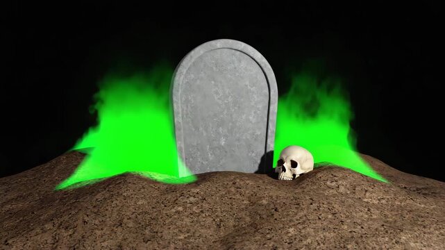 Spooky Grave with Green Ectoplasm and Skull, Halloween Cemetery Scene in Dark Night