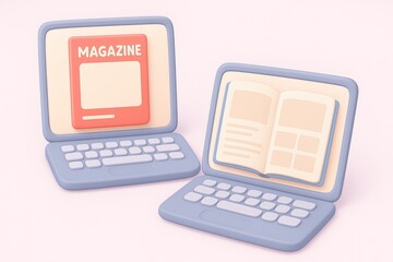 Stylized laptops with digital magazine and e-book on screen representing online reading, e-learning, and digital publications