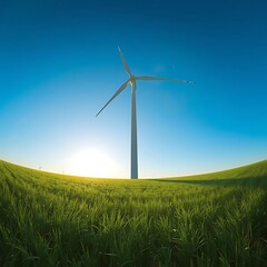 Lone wind turbine stands tall in a sunlit green field under a clear blue sky