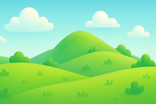 Cartoon landscape of rolling green hills and lush bushes under a clear blue sky with fluffy white clouds on a bright sunny summer day