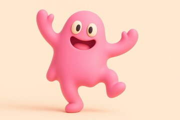 Fototapeta premium Cute pink cartoon character dancing with a happy smile on its face, a friendly monster mascot with a cheerful expression on a plain background