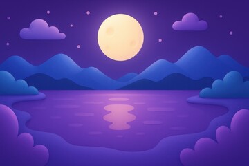 Dreamy night landscape with a full moon reflecting on the water, minimalist mountains and clouds under a purple sky