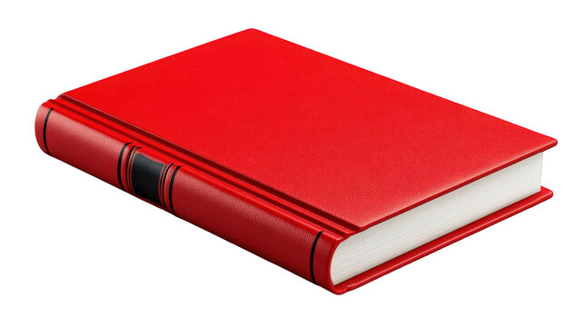 A closed, textured red hardcover book with a black spine detail, isolated on a transparent background - Powered by Adobe