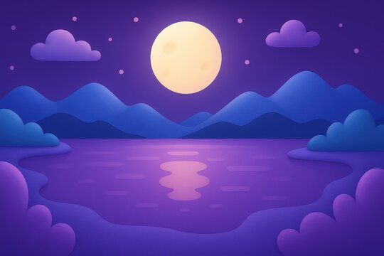 Dreamy night landscape with a full moon reflecting on the water, minimalist mountains and clouds under a purple sky - Powered by Adobe