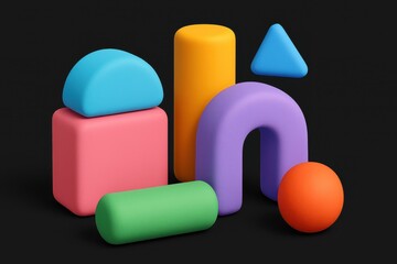 Vibrant geometric shapes composition with a cube, sphere, cylinder, and arch on a dark background for a modern minimalist design