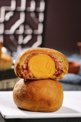 Chinese Mooncake with Salted Egg Yolk and Ham Filling Mid-Autumn Festival Traditional Pastry