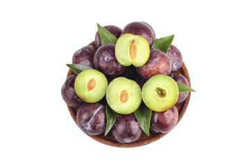 Fresh Red Plums in Wooden Bowl with Green Leaves - Sweet Summer Fruit Display
