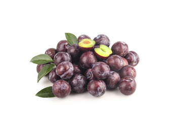 Fresh Sweet Purple Plums with Green Leaves on White Background