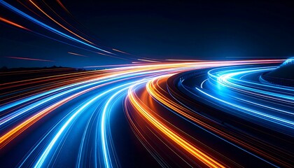 Dynamic abstract of blurred light trails, showcasing motion and speed across a dark, curved roadway at night