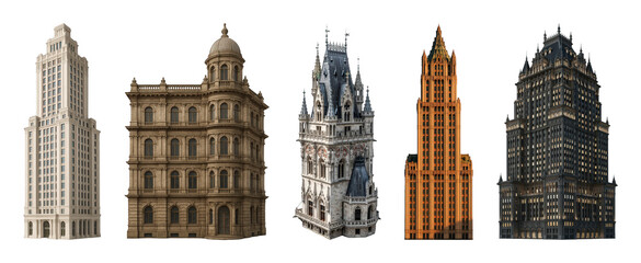 Obraz premium Architectural building set including Art Deco, classical, gothic, and ornate skyscrapers isolated. Urban design elements.