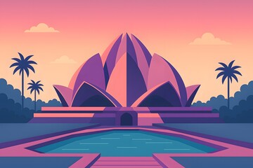 Modern flat vector illustration of the Lotus Temple in New Delhi, a contemporary architectural marvel resembling a blooming lotus flower, surrounded by green lawns.

