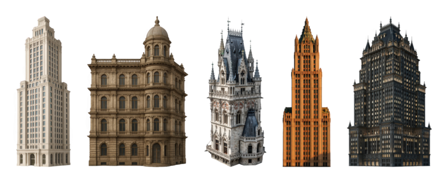 Architectural building set including Art Deco, classical, gothic, and ornate skyscrapers isolated. Urban design elements.