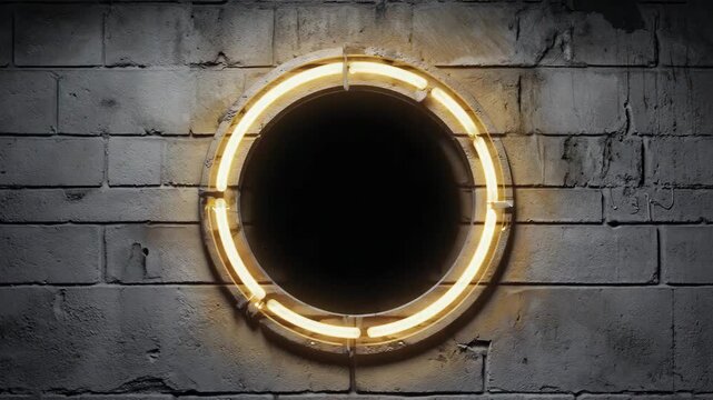 Neon Circle Ring Sign on Urban Brick Wall, Glowing Round Frame for Nightlife Advertisement