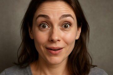 Close up portrait of a surprised woman showing astonishment and happiness with wide opened eyes and raised eyebrows
