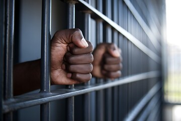A Captive's Clenched Hands Gripping the Cold Steel Bars of Imprisonment, a Stark Symbol of Confinement and Loss of Freedom.