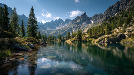A scenic view of a calm lake surrounded by trees and mountains under a blue sky day