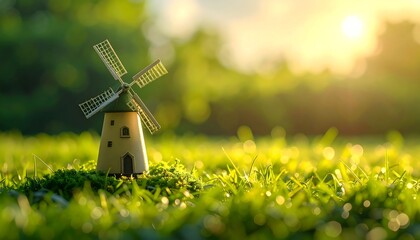 A charming miniature windmill stands amidst lush green grass bathed in golden sunlight, creating a peaceful and serene scene.