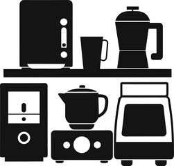Collection of kitchen appliances in silhouette style isolated on white background
