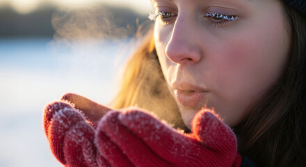A girl with frost on her eyelashes blowing into her red gloved hands on a cold winter day