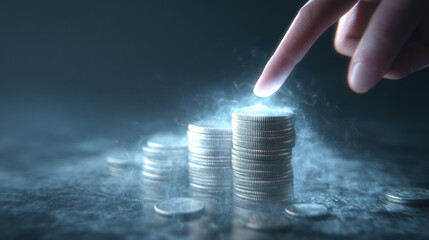 Hand gently touches stack of coins, creating mystical glow surrounded by misty atmosphere. scene evokes sense of magic and financial potential