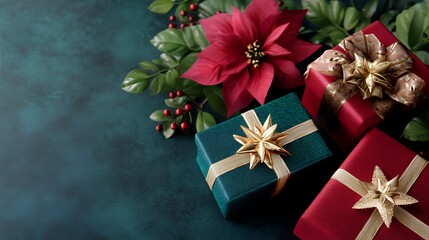 Red and Teal Wrapped Christmas Gifts with Poinsettia on Dark Green Background