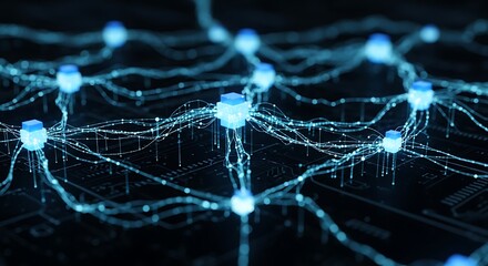 Abstract Digital Network with Glowing Blue Nodes and Data Flow, Representing AI, Big Data, and Futuristic Technology Connections