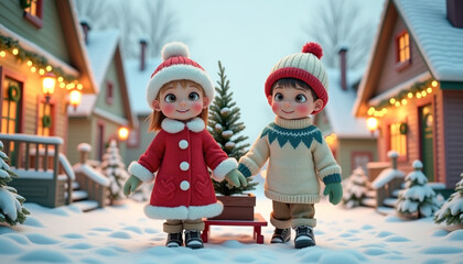 Two children pulling sled with Christmas tree down snowy street, festive winter scene for holiday greetings, seasonal decorations, or festive storytelling.