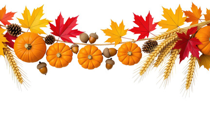 Hanging Garland of many maple leaves, white and yellow pumpkins, acorns, ears of wheat on a white plain background. Decoration for Halloween or Thanksgiving.