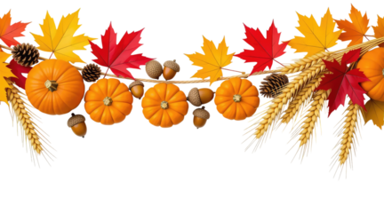 Hanging Garland of many maple leaves, white and yellow pumpkins, acorns, ears of wheat on a white plain background. Decoration for Halloween or Thanksgiving.